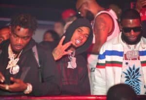 Pooh Shiesty and Gucci Mane attend a party hosted by Gucci Mane and 1017 at Republic Lounge on August 12, 2020 in Atlanta, Georgia